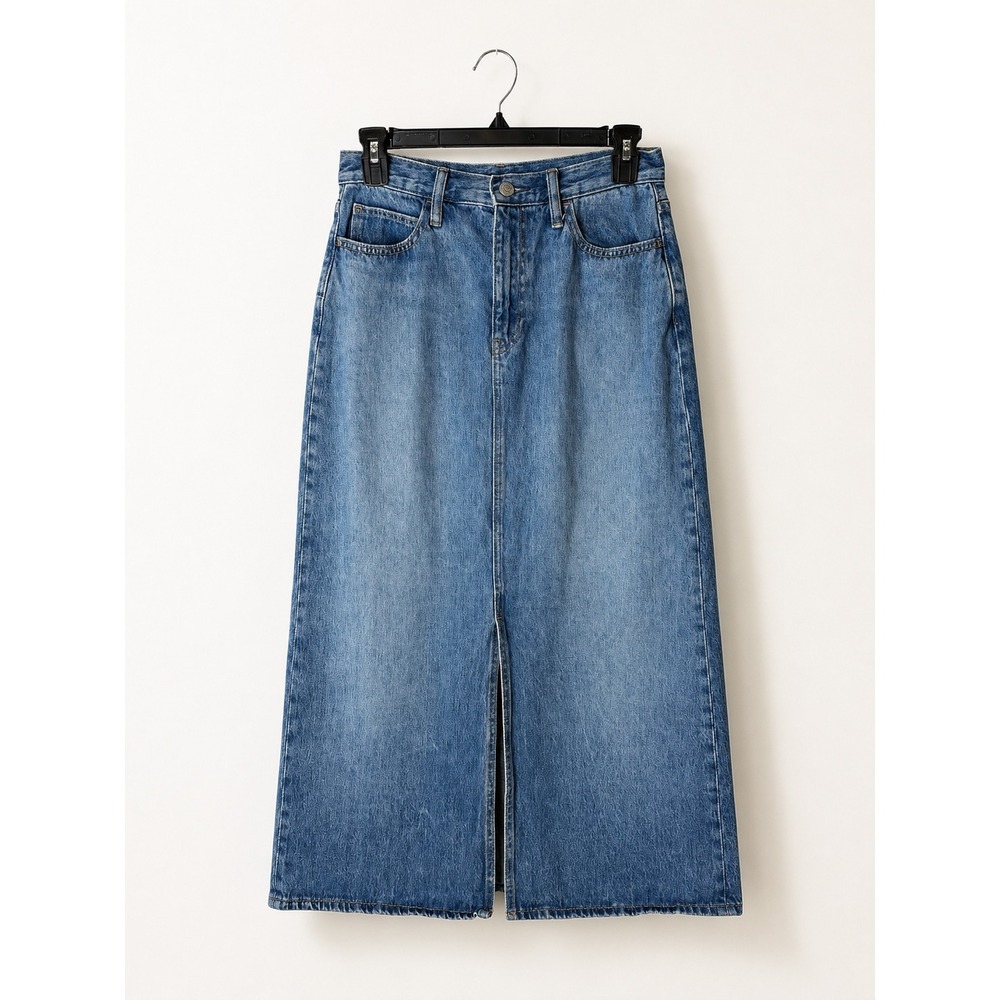 Uniqlo Denim Midi Skirt Women 10 Blue Medium Wash Front Slit Straight Jean